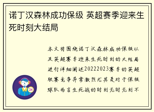 诺丁汉森林成功保级 英超赛季迎来生死时刻大结局 诺丁汉森林成功保级 英超赛季迎来生死时刻大结局